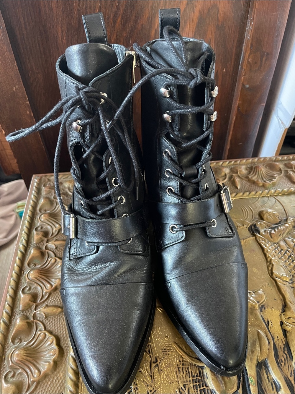 AllSaints Katy lace up heeled leather boots with buckle in black - Picture 2 of 5